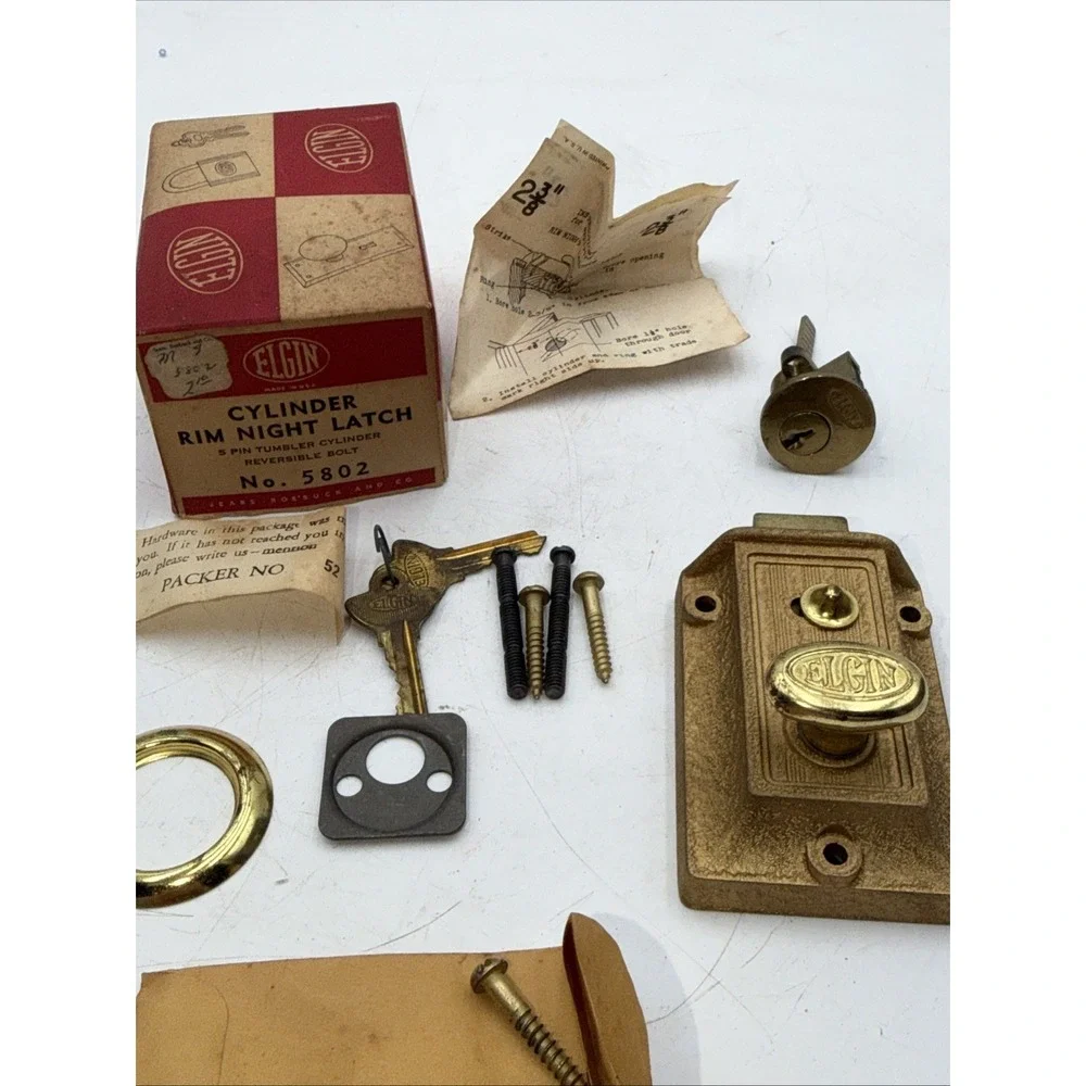 Antique Elgin Brass Deadbolt Lock Architectural Salvage Door Hardware Box & Keys